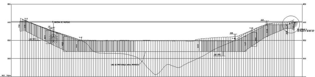 Fig. 17 Perfil longitudinal por eje de cortina de inyecciones de impermeabilización La lechada de inyección prevista es única de cemento-agua con superplastificante, con una relación agua-cemento de