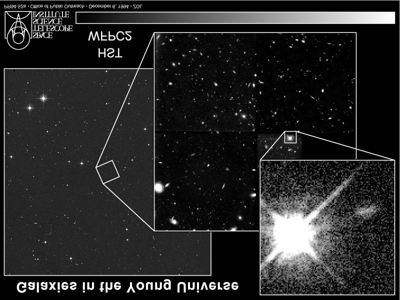 Figura 14. Galaxias en el Universo joven. La imagen de la izquierda corresponde a una fotografía tomada desde tierra de una región de la constelación de Sculptor.