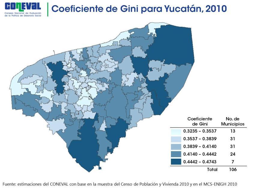 A nivel municipal para 2010 las estimaciones del Coeficiente de Gini arrojan los siguientes resultados: Los municipios con más desigualdad en la distribución del ingreso son: Valladolid, Tekax, Peto,