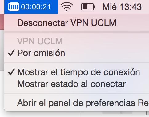 Marca Mostar estado de VPN en barra de menús. Pulsa Aplicar y luego pulsa Conectar.