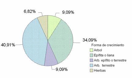Figura 3 Distribución de 58 plantas visitadas por colibríes en el área de estudio de acuerdo a: Hábitat (Izq.) y Formas de crecimiento (Der).