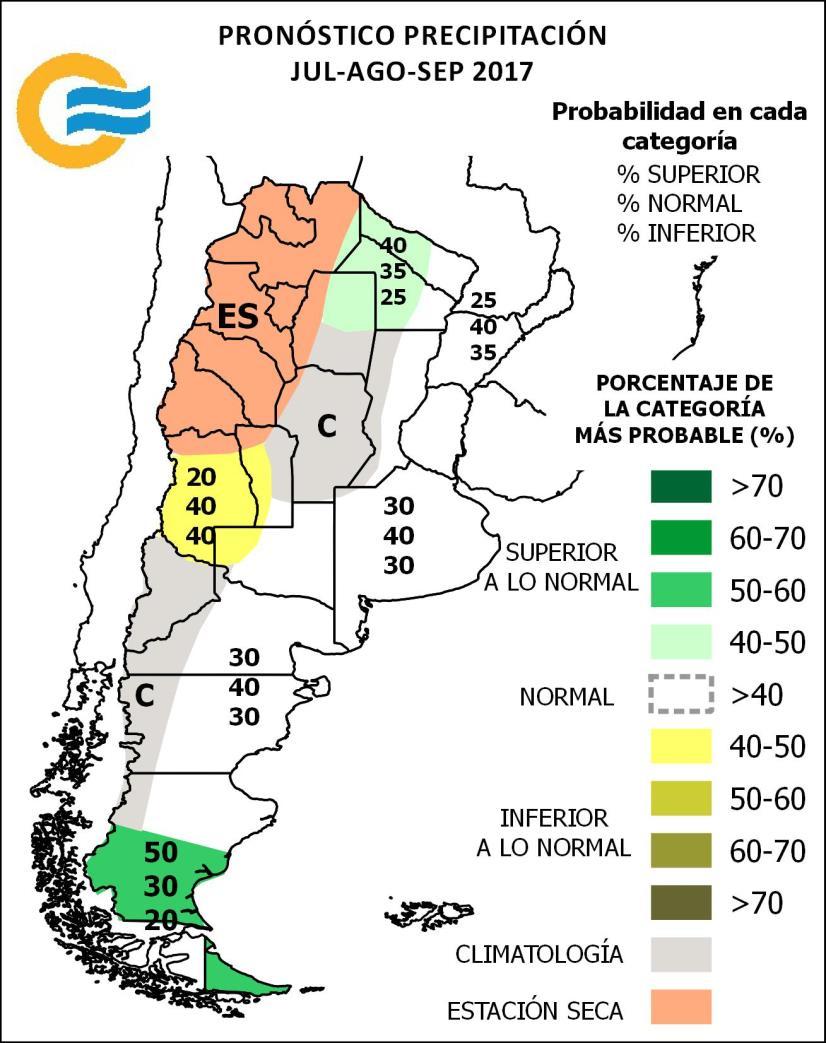 PRONÓSTICO TRIMESTRAL -Precipitación julio-agosto-septiembre 2017 Referencias Se prevé mayor probabilidad de ocurrencia de precipitación: - Superior a la normal sobre el sur de la Patagonia - Normal