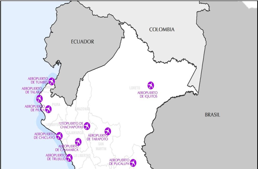INFRAESTRUCTURA AEROPORTUARIA Actualmente se tienen*: 23 Aeropuertos; de los cuales 19 están concesionados y 4 administrados por CORPAC.