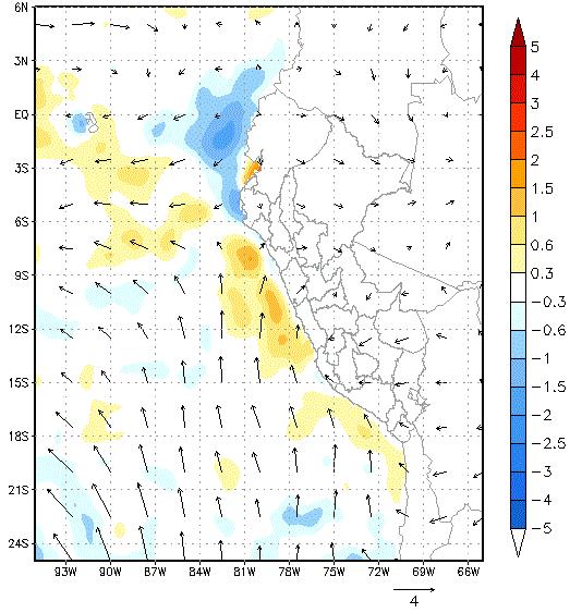 Condiciones locales frente a la costa peruana La temperatura superficial del mar (TSM), frente al litoral norte (Tumbes y Piura) mostró una disminución respecto al mes anterior y a su patrón