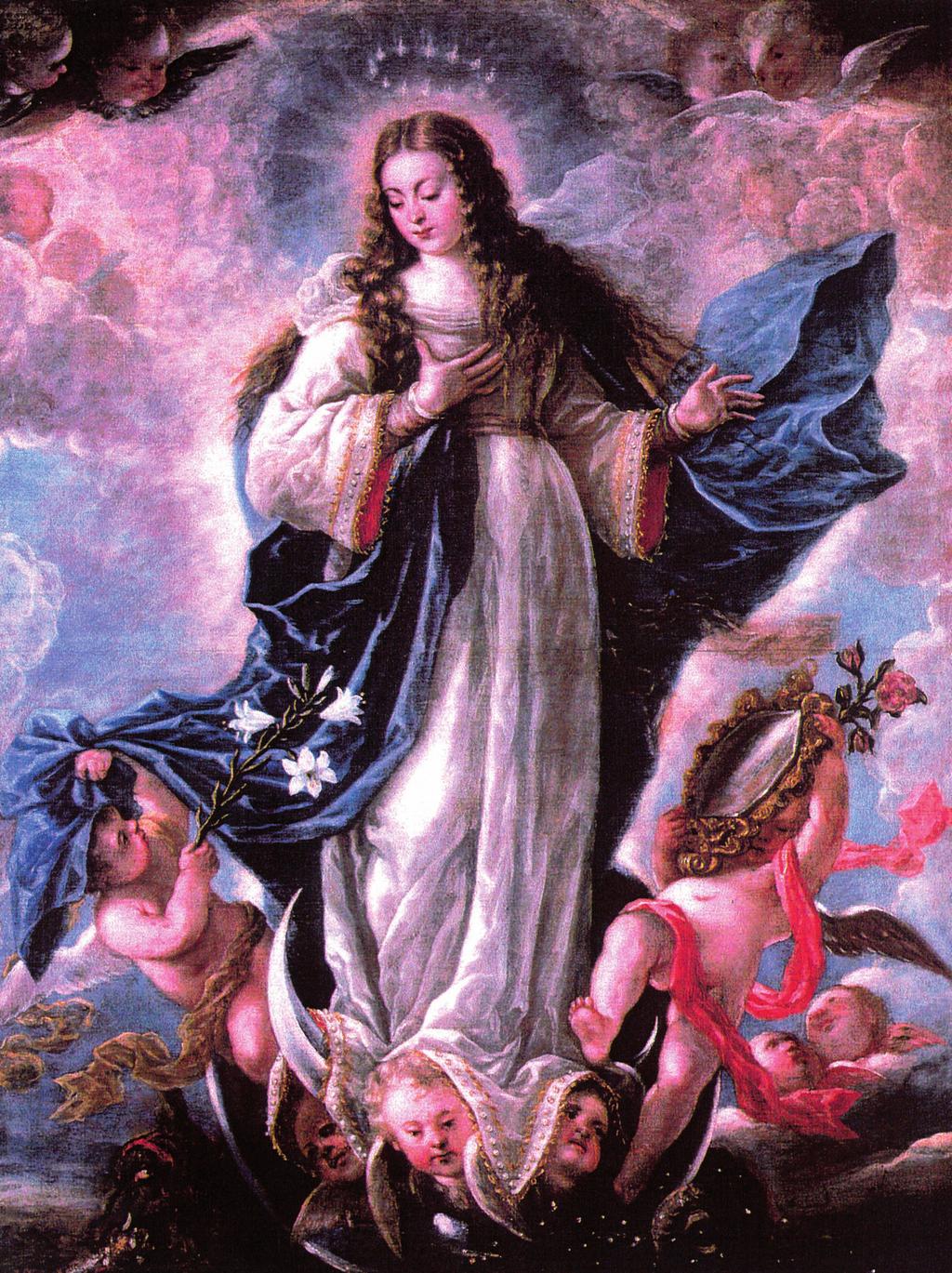 Un haz de luz, en forma triangular y procedente del cielo, corona la figura de la Virgen.