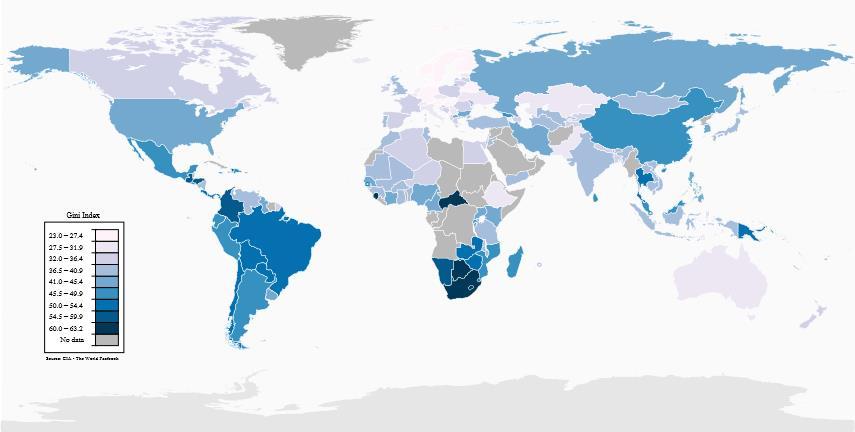 Comparaciones mundiales Coeficiente de Gini del ingreso nacional en el mundo.