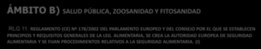 ÁMBITO B) SALUD PÚBLICA, ZOOSANIDAD Y FITOSANIDAD RLG 11: REGLAMENTO (CE) Nº 178/2002 DEL PARLAMENTO EUROPEO Y DEL CONSEJO POR EL QUE SE ESTABLECEN PRINCIPIOS Y REQUISITOS GENERALES DE LA LEG.