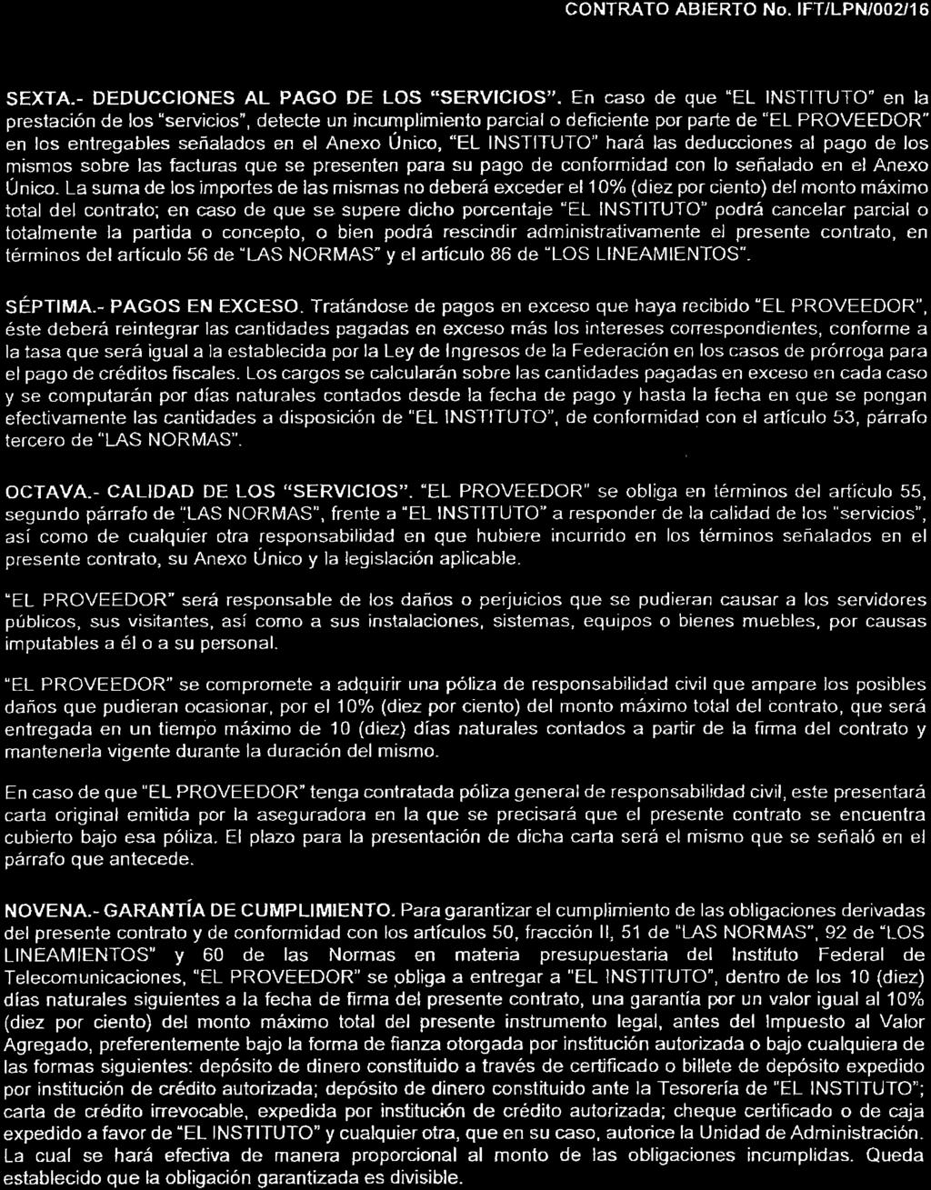 #tgg;h,#, CONTRATO ABERTO No. FT/LPN lo0a 1 6 SEXTA.- DEDUCCONES AL PAGO DE LOS'SERVCOS".