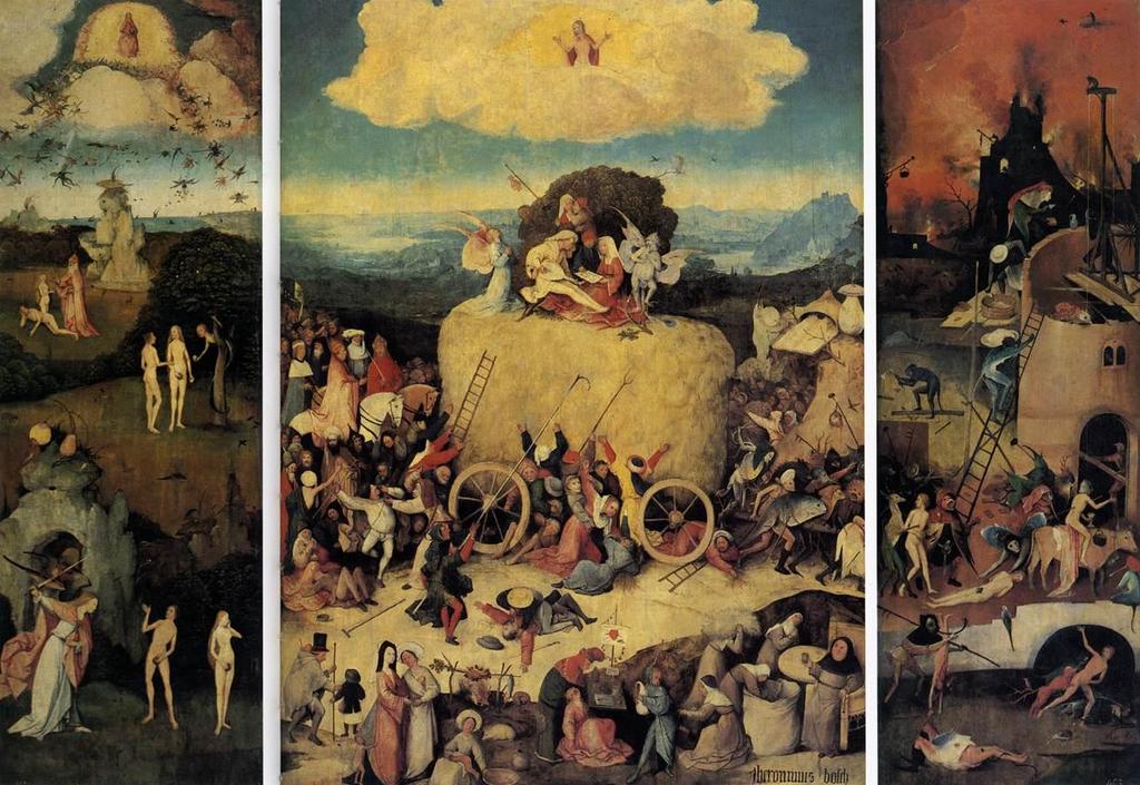 El Carro del Heno, de El Bosco El tema del tríptico es el destino del hombre, que oscila entre el paraíso (tabla izquierda) y el infierno (tabla derecha).