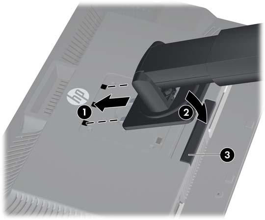 Los modelos ZR2240w, ZR2440w y ZR2740w usan el mecanismo HP Quick Release 2 para mover el monitor con facilidad. Para montar el panel en el pedestal: 1.