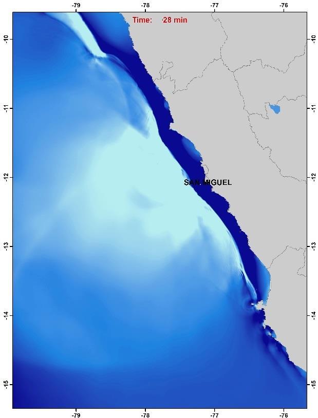 desplazamiento vertical negativo de la superficie del océano para el escenario de 8.9 Mw.