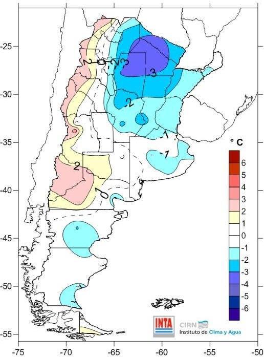 D urante la última semana se registraron temperaturas mínimas medias con valores superiores a los normales en Patagonia (noroeste y sur), Cuyo y NOA (oeste).