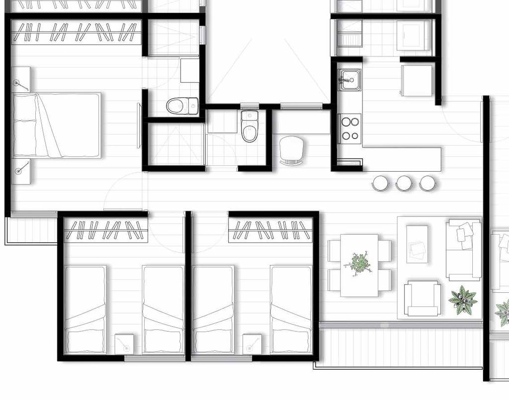 Apartamento Esquinero 62.5m 2 Área privada aprox. + terraza 66m 2 Área construida ALCOBA 1 2.80 x 4.