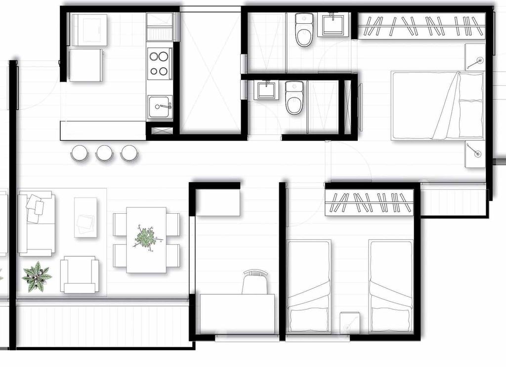 Apartamento Medianero 52.7m 2 Área privada aprox. + terraza 56.9m 2 Área construida COCINA 2.16 x 2.