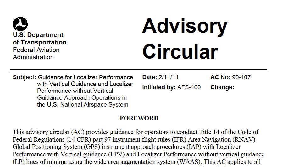 Documentación Aprobación FAA Order AC 90-107 Guía para LPV y LP para