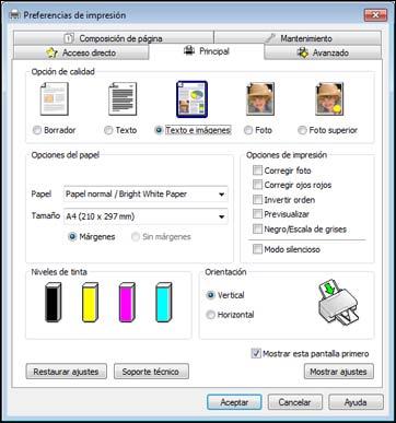 3. Seleccione los ajustes de impresión que desea utilizar como los ajustes predeterminados en todos los programas de Windows. 4. Haga clic en Aceptar.