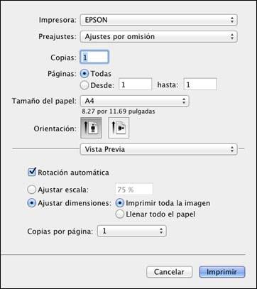 Nota: La ventana de impresión puede ser diferente, dependiendo de la versión de Mac OS X y la aplicación que está utilizando. 5. Seleccione los ajustes Copias y Páginas, según sea necesario.