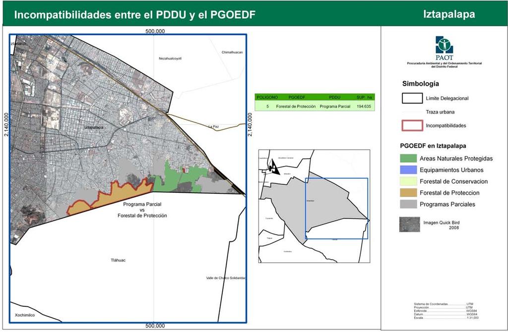 Tabla VIII. Incompatibilidad de usos del suelo entre el PGOEDF y el PDDU de Iztapalapa. PDDU PGOEDF AREA ha Programa Parcial Forestal de Protección 194.