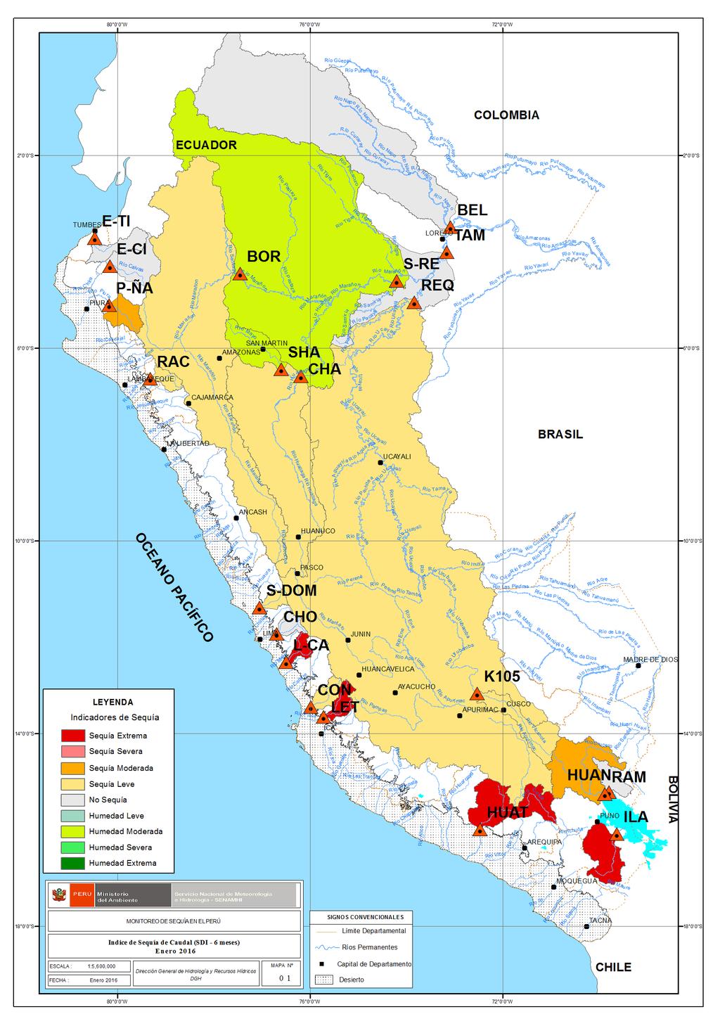 ÍNDICE DE SEQUÍA DE CAUDAL (SDI): En las cuencas de los ríos Piura y Chancay-Lambayeque, pertenecientes a la región hidrográfica del Pacífico, se observaron condiciones de sequía moderada y leve