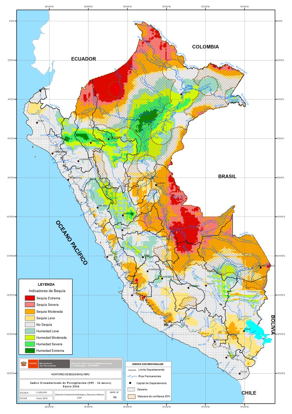 ÍNDICE ESTANDARIZADO DE PRECIPITACIÓN (SPI) El índice SPI-24 muestra sequía extrema de mayor área afectada en los departamentos de Ica (9.9%), Cusco (10.