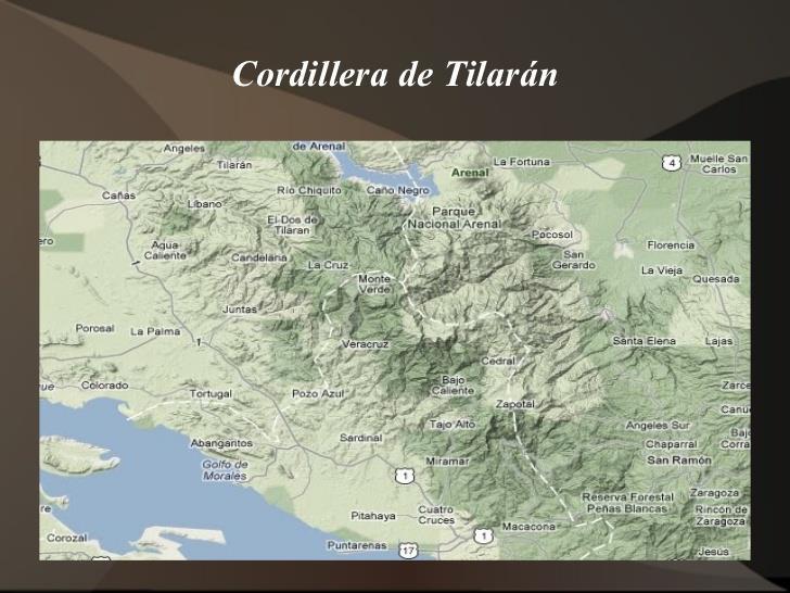 Cordillera Volcánica de Tilarán: Comprende 75km desde la población de Tilarán hasta los Valles de los ríos Balsa y Barranca.