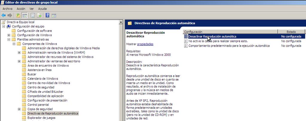 msc» plantillas administrativas» componentes de Windows» Directiva de reproducción automática.