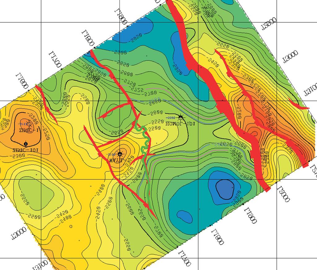 Las reservas de hidrocarburos de México 0 1 2Km. Figura 4.11 Configuración estructural de la cima del Jurásico Superior Kimmeridgiano mostrando el límite de los yacimientos Wayil y Homol.