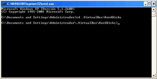 Tras ello teclearemos el comando ""c:\archivos de programa\sun\xvm VirtualBox\VBoxManage" clonevdi "Windows XP Professional.vdi" DiscoImagen.