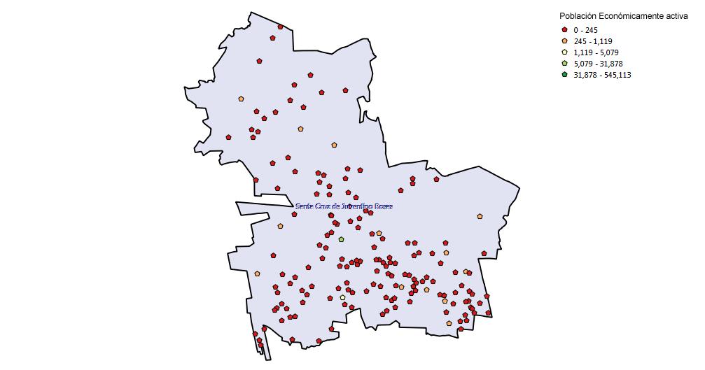 En la Figura 4se observan las localidades por número de PEA en la zona de estudio. Figura 4. Localidades con población económicamente activa. Fuente: INEGI 2010.