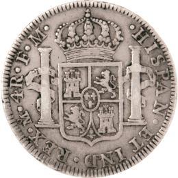 8 Reales, 1788, MoFM. (KM-106.2a). EF 1500.00 417. 8 Reales, 1790, MoFM. Busto de Carlos III. Atractiva. EF 2000.00 418. 8 Reales, 1793, MoFM. (KM-109). AU 2000.00 419.