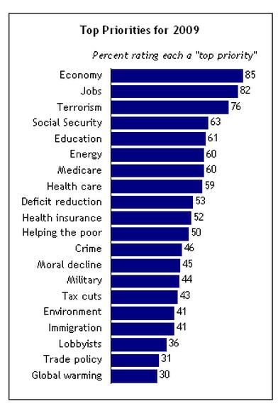 Máximas prioridades para el 2009 Porcentaje de cada rubro como prioridad Economía Empleo Terrorismo Seguridad Social Educación Energía Programa Medicare Atención a la salud Reducción del déficit