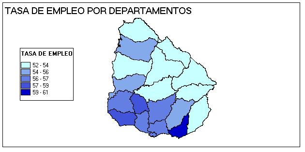 Por otro lado, los departamentos con menores registros de tasa de actividad se encuentran situados al este y noreste del país: Artigas, Rocha, Tacuarembó, Durazno, Treinta y Tres y Cerro Largo.