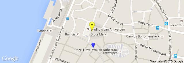 monumentos, puntos de interés turístico y oferta cultural. A escasos metros de este lugar encontramos De Roode Hoed, Café Noord y 't Parlement. Grote Markt Ruta desde Vlaeykensgang hasta Grote Markt.