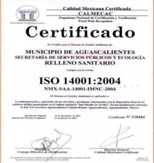 Certificaciones El relleno sanitario San Nicolás cuenta con las Certificaciones de Calidad ISO 9001 y Gestión Ambiental ISO 14001 y el