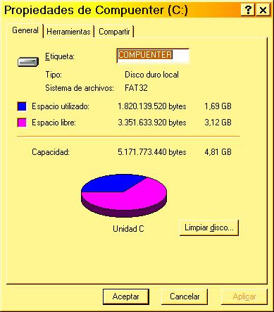 Casilla llamada ETIQUETA que muestra el nombre que lleva la unidad C: Escribe en el siguiente espacio que capacidad en bytes tiene tu disco duro; cuanto espacio