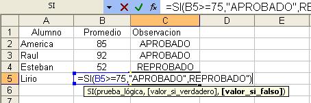 =SI(B5>=75, APROBADO, REPR OBADO ) FUNCION CONCATENAR =CONCATENAR(Texto1, Texto2,...) Concatena argumento de texto.