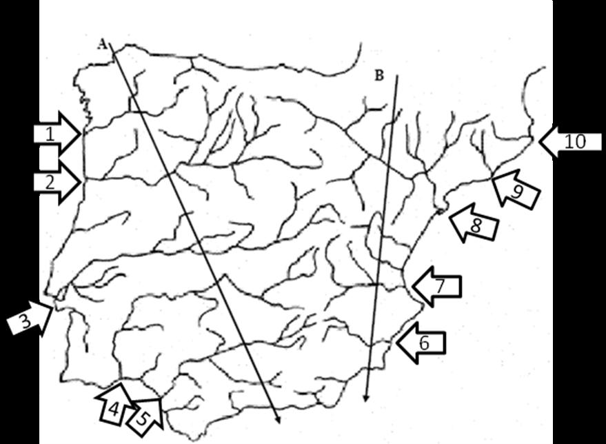 4ª Parte A la vista del mapa adjunto de los Principales ríos de la Península Ibérica, indique el nombre de los ríos cuyas desembocaduras están