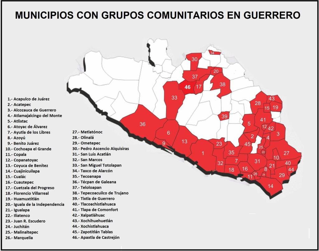 39. De la región Acapulco, Acapulco de Juárez, aunque debe señalarse que la presencia de estos grupos se circunscribe a la comunidad de Xaltianguis; de la región Centro, Juan R.