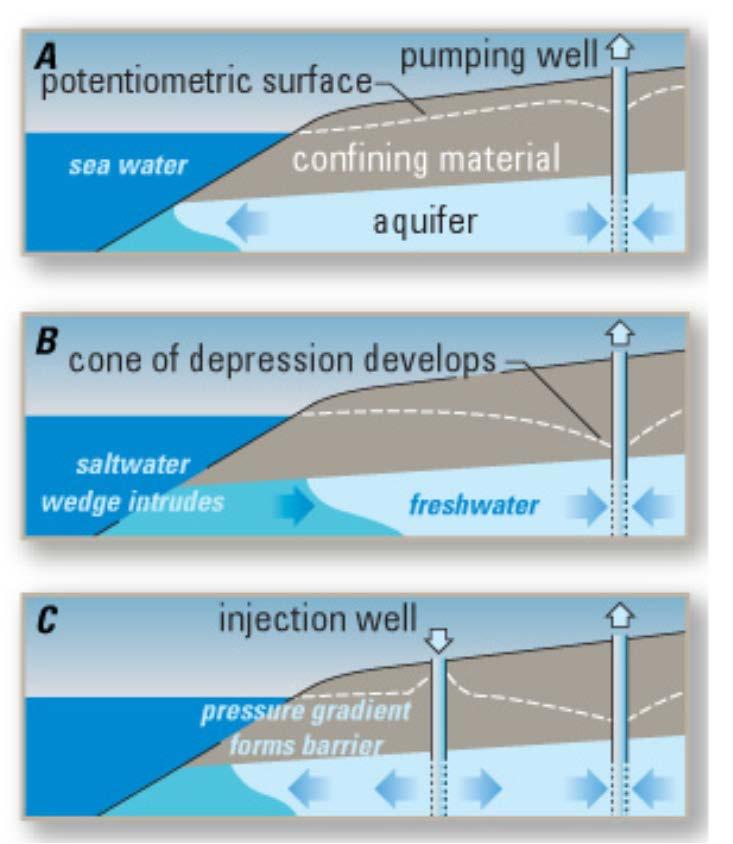 Concepto de barrera hidráulica: Sin intrusión marina Con intrusión marina Barrera hidráulica (US Geol.