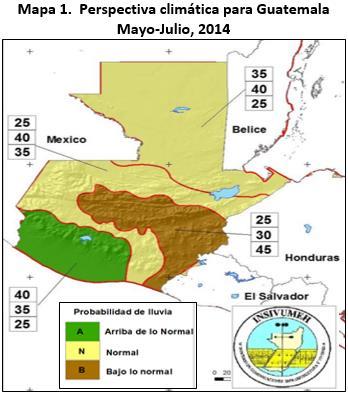 de lo normal en Escuintla, Suchitepéquez, Retalhuleu y zonas costeras de Quetzaltenango y San Marcos. b) Condiciones de lluvia normales para el resto del país.