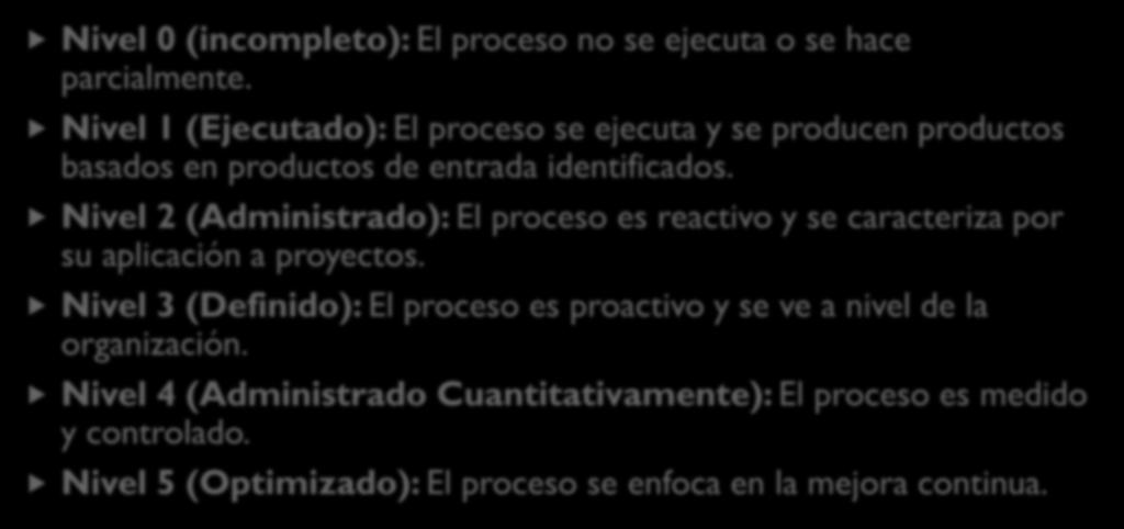 NIVELES DE MADUREZ (CONTINUO) Nivel 0 (incompleto): El proceso no se ejecuta o se hace parcialmente.