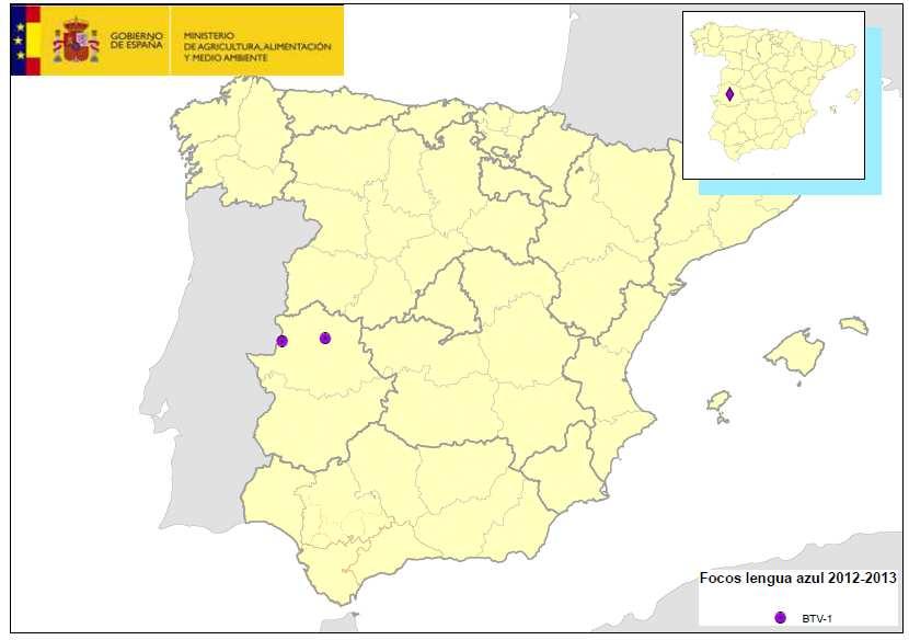 Mapa 2: Focos lengua azul durante el periodo de actividad 2011-2012 CCAA PROVINCIA Nº FOCOS SEROTIPO ESPECIE Extremadura Cáceres 8 1 bovinos centinela Castilla y León