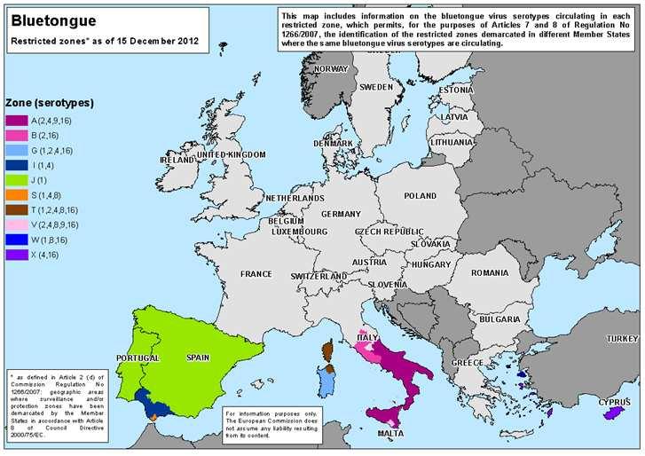 Mapa 7: zonas de restricción de lengua azul en la Unión Europea CONCLUSIÓN A pesar de la favorable evolución epidemiológica que la enfermedad ha tenido en la península en los últimos años, la