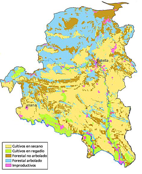 La Comarca de Tierra Estella presenta una superficie baja de suelos de alta calidad agrológica que no llega al 4% y se concentran principalmente en las vegas de los grandes ríos, Ega y Ebro.