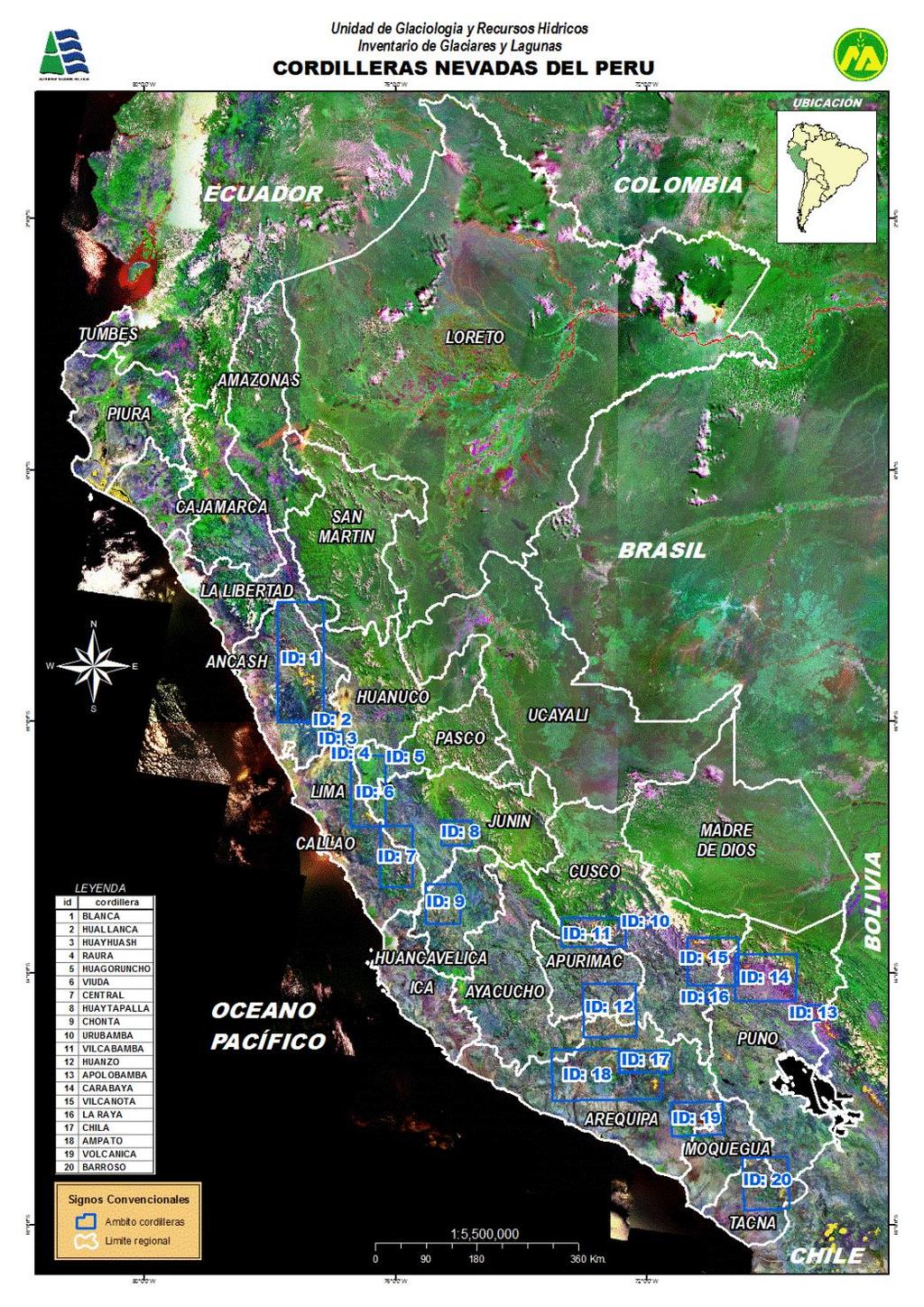 Cordilleras Nevadas del Perú Distribución de las 19 cordilleras nevadas 1.- Blanca del Perú (755) 2.- Huallanca (43) 3.- Huayhuash (144) 4.- Raura (102) 5.- Huagoruncho (41) 6.- La Viuda (165) 7.