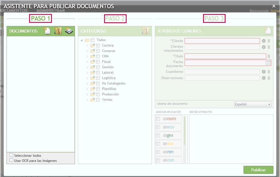 En el asistente de publicación de documentos en a3asesor doc dispone de 3 pasos: Paso 1: Seleccionar el documento/s a partir de fichero, carpeta o escáner.
