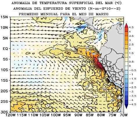 En la región Niño 1+2 continuaron presentándose valores de TSM sobre los 28 C (Panel superior) y anomalías máximas de hasta +10 C (Chicama) en la región norte.