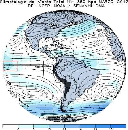 (e) Fig. N 3. Flujo total (líneas) y zonal (colores) del viento en el Pacífico en tropósfera baja.