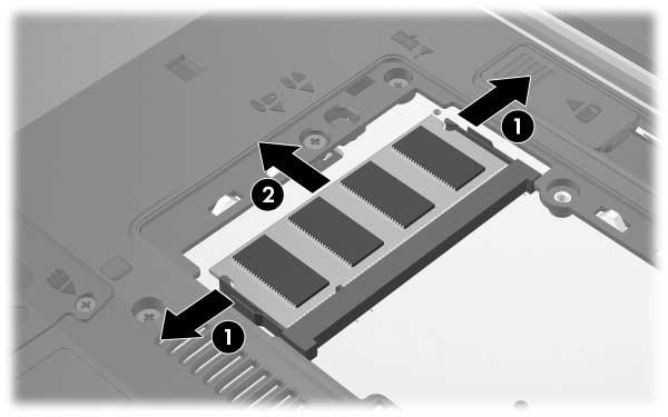 10. Para remover el módulo de memoria: a. Extraiga los clips de retención 1 a cada lado del módulo de memoria. El módulo de memoria se inclina hacia arriba.