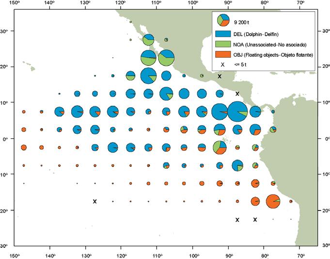 17 FIGURE A-1a. Average annual distributions of the purse-seine catches of yellowfin, by set type, 2007-2011.